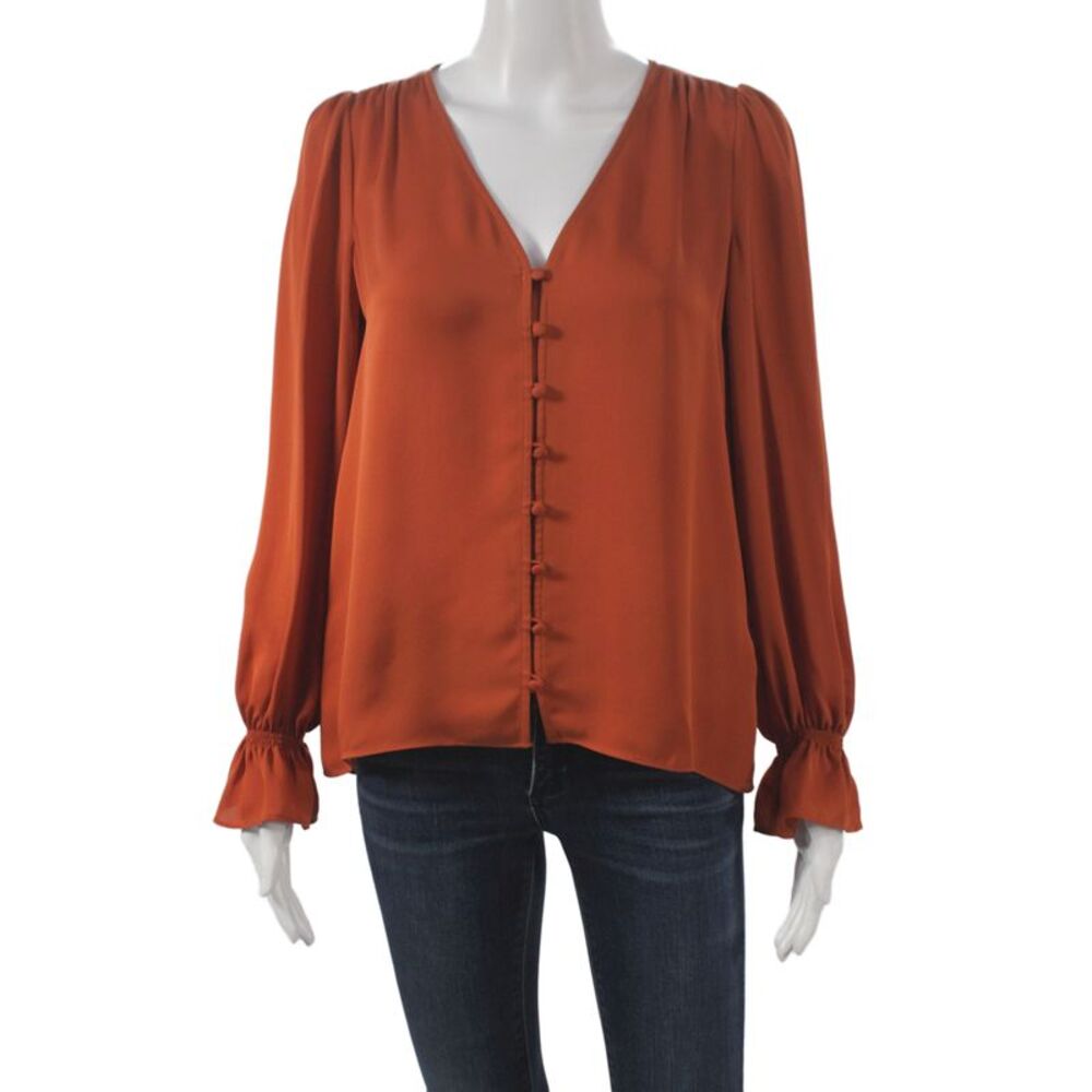Joie Women Basic Orange Silk V-Neck Button Long Sleeve Blouse Size XS